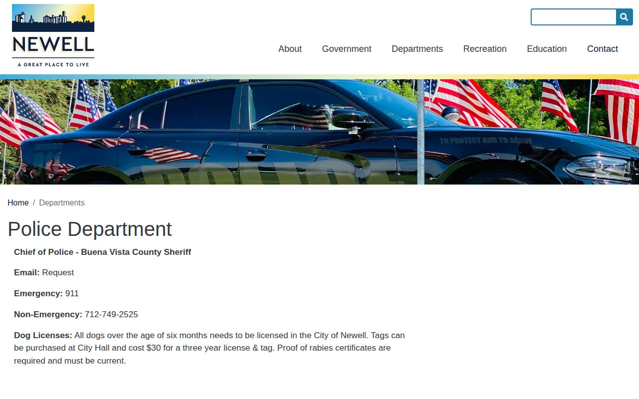 Newell police page naming the Buena Vista County Sheriff for arrest services